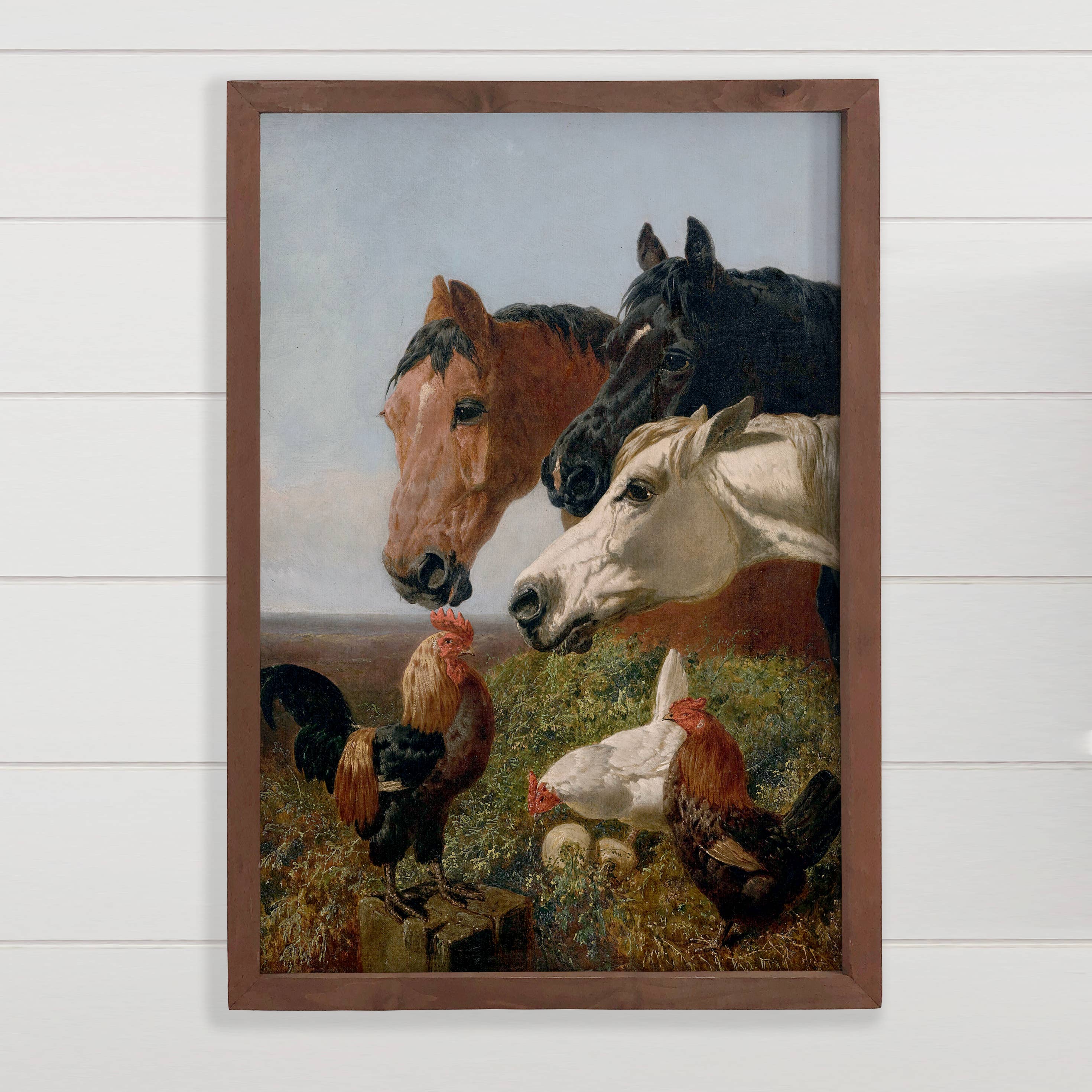 Horses and Chickens - Farm Animal Canvas Art - Wood Framed