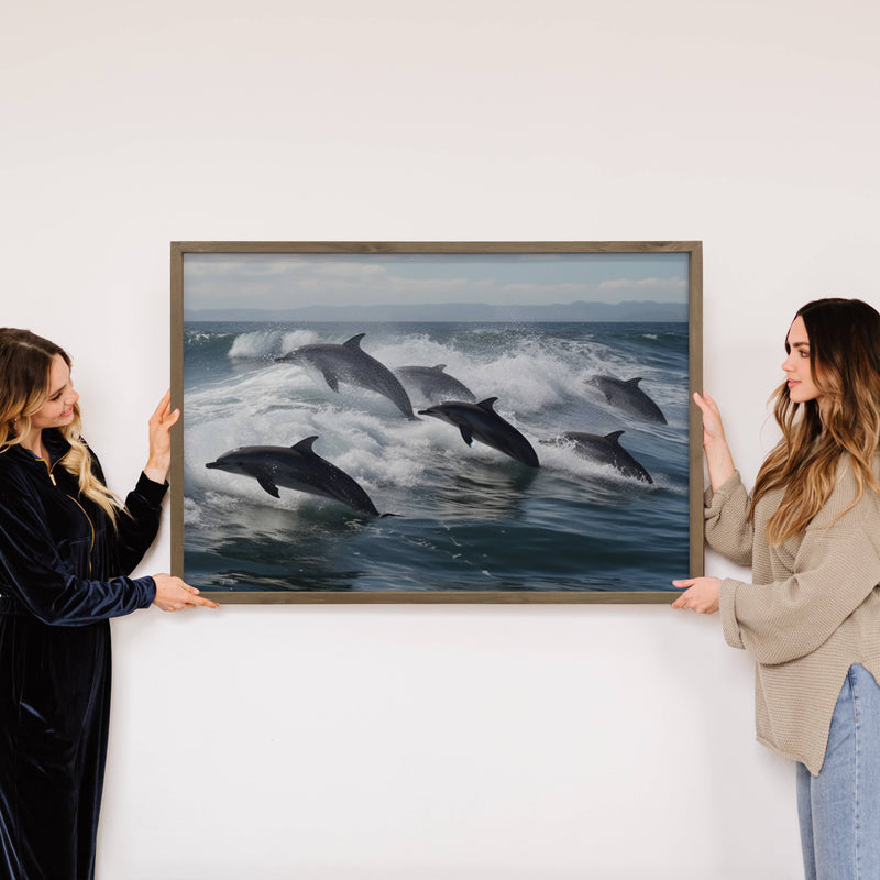 Dolphin Pod - Framed Canvas Animal Art - Beach House Decor