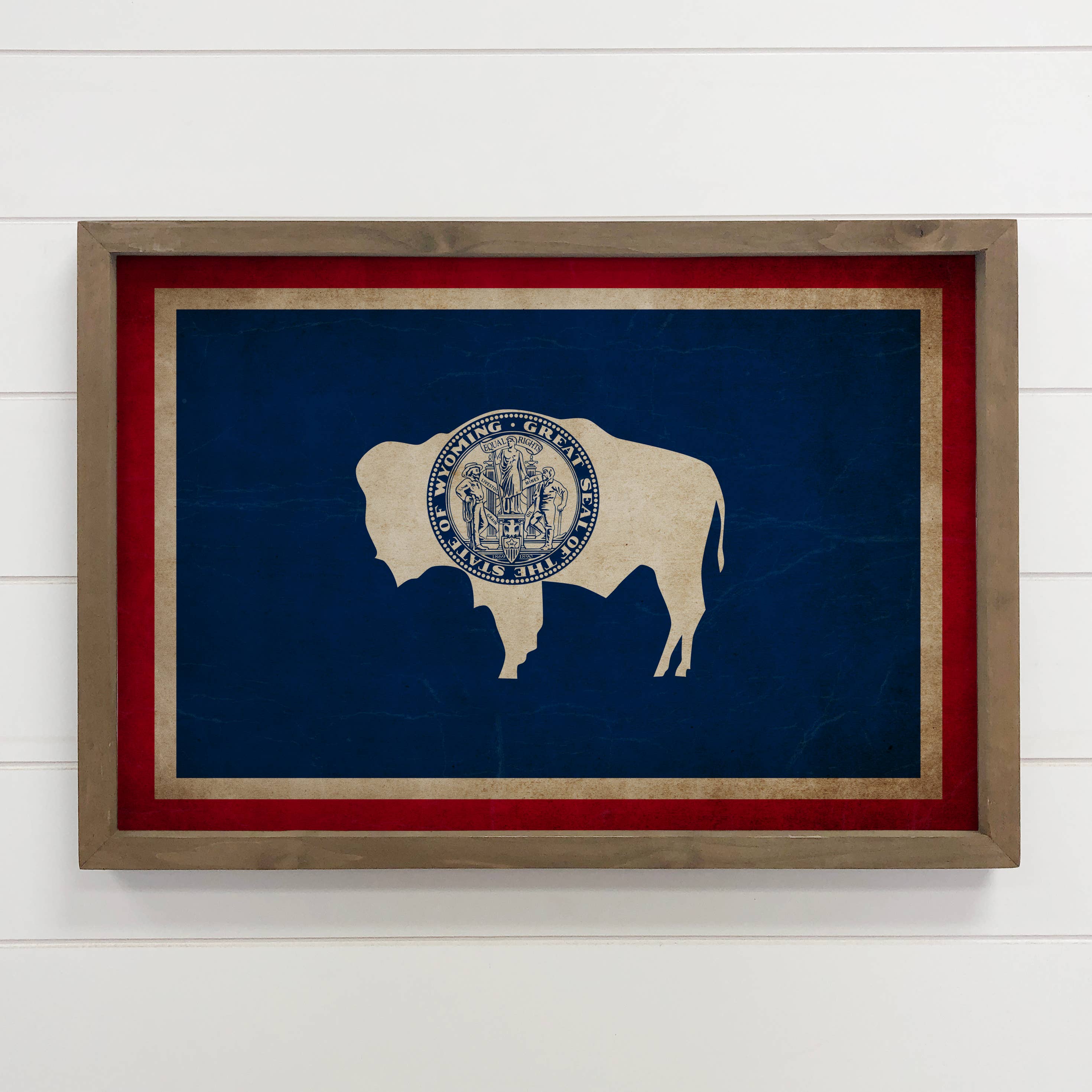 Wyoming Vintage Flag - State Flag Canvas Art - Wood Framed