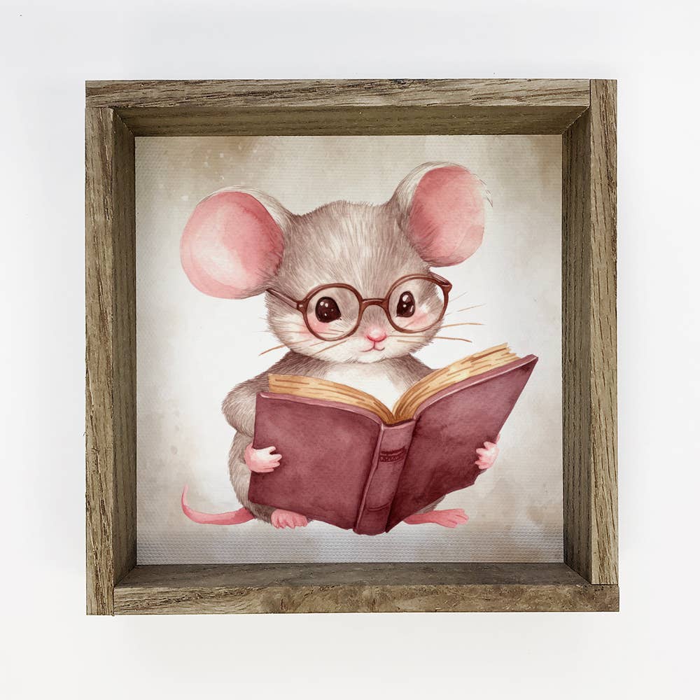 Mouse Reading Book - Cute Mouse Canvas Art - Wood Framed Art
