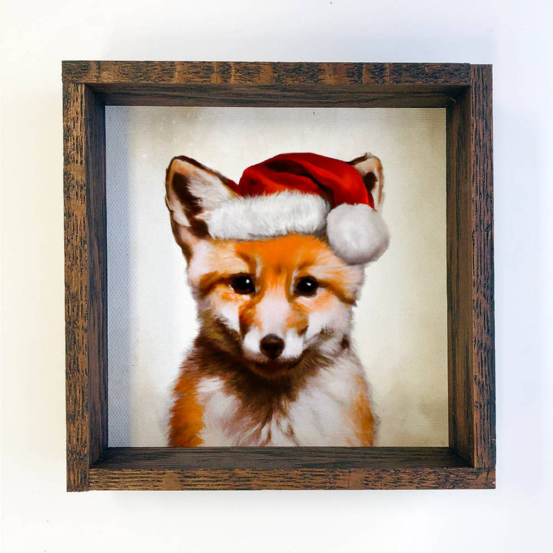 Funny Animals Wood Sign - Fox with Santa Hat