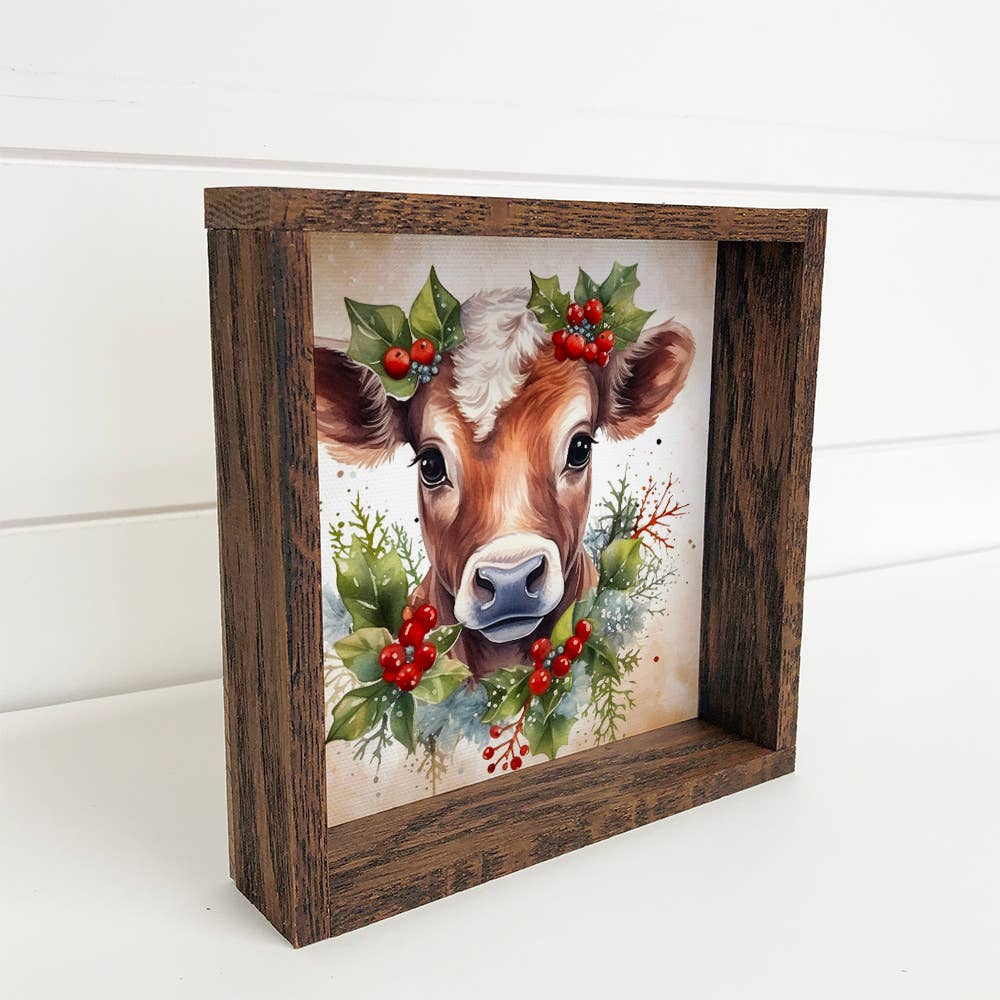 Cow Holly Berries - Cute Holiday Animal Canvas Art