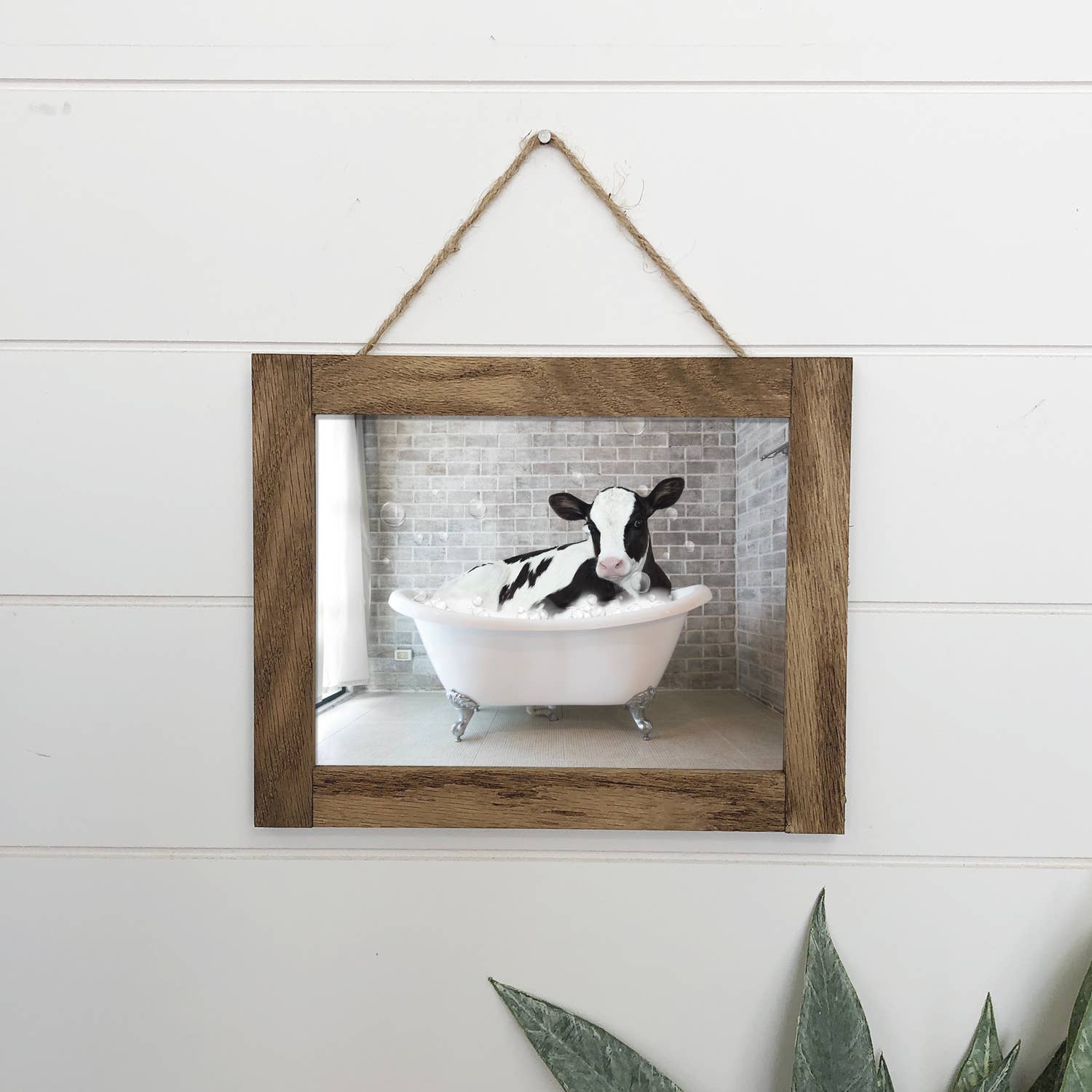Dairy Cow in Bathtub - Bathroom Canvas Wood Sign Framed