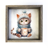 Gray Winter Cat - Cute Holiday Animal - Wood Framed Wall Art