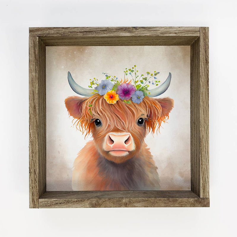 Cute Flower Highland Cow-Nursery Art with Rustic Wood Frame
