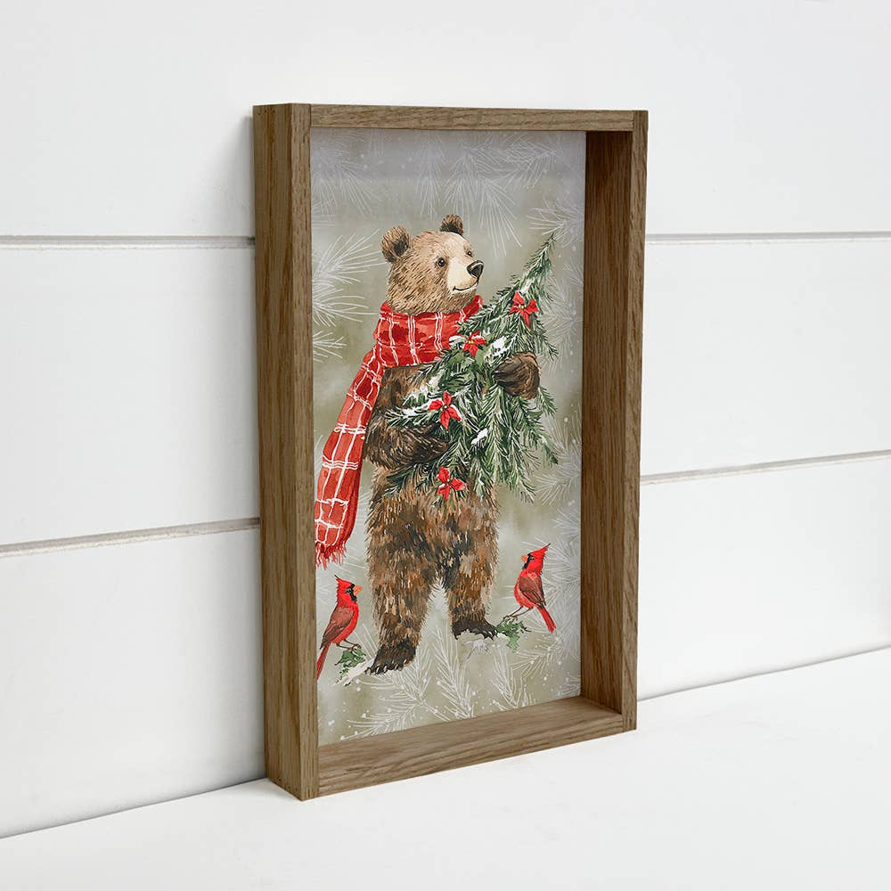 Bear Carrying Christmas Tree - Animal Holiday Canvas Art