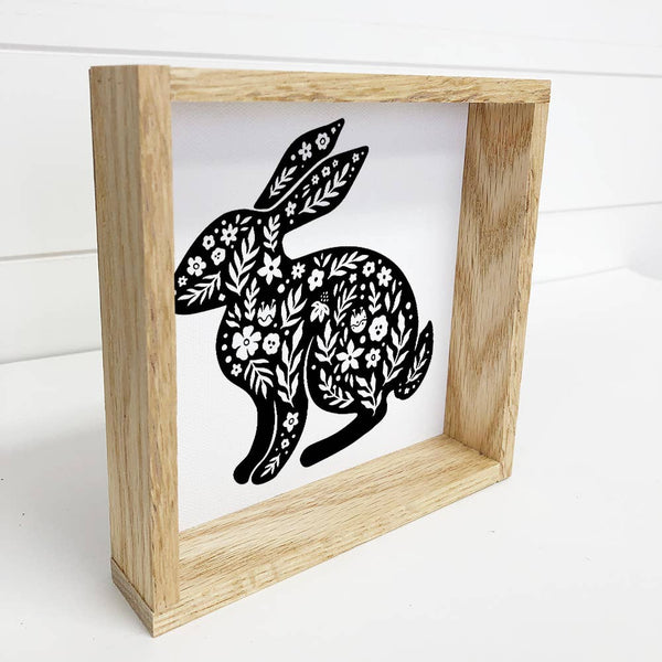 Folk Art- Black and White Bunny- Small Canvas and Frame