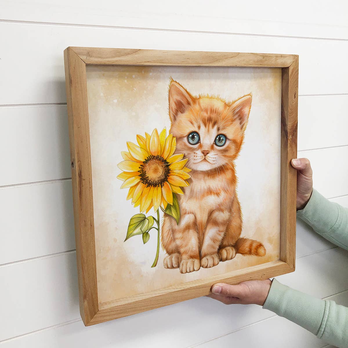 Yellow Cat and Yellow Sunflower - Cat Canvas Art - Framed