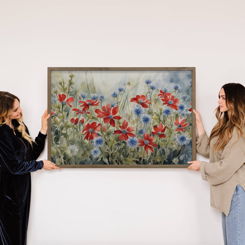 Red White Blue Flowers - Flower Canvas Art - Wood Framed Art