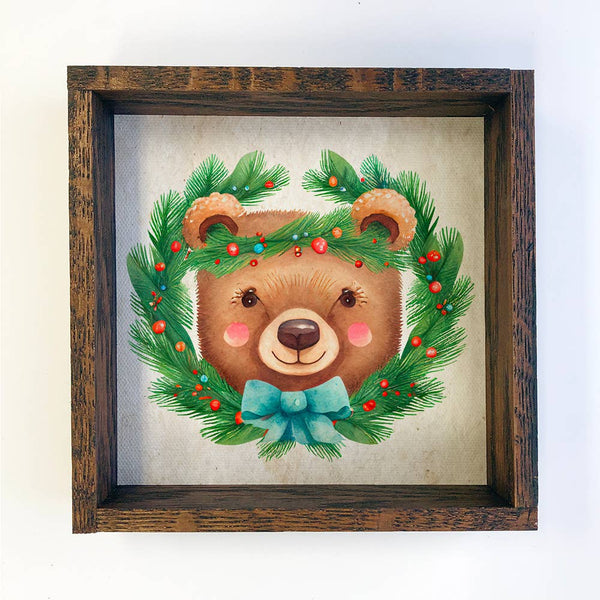 Christmas Wreath Bear - Cute Holiday Animals - Wood Framed