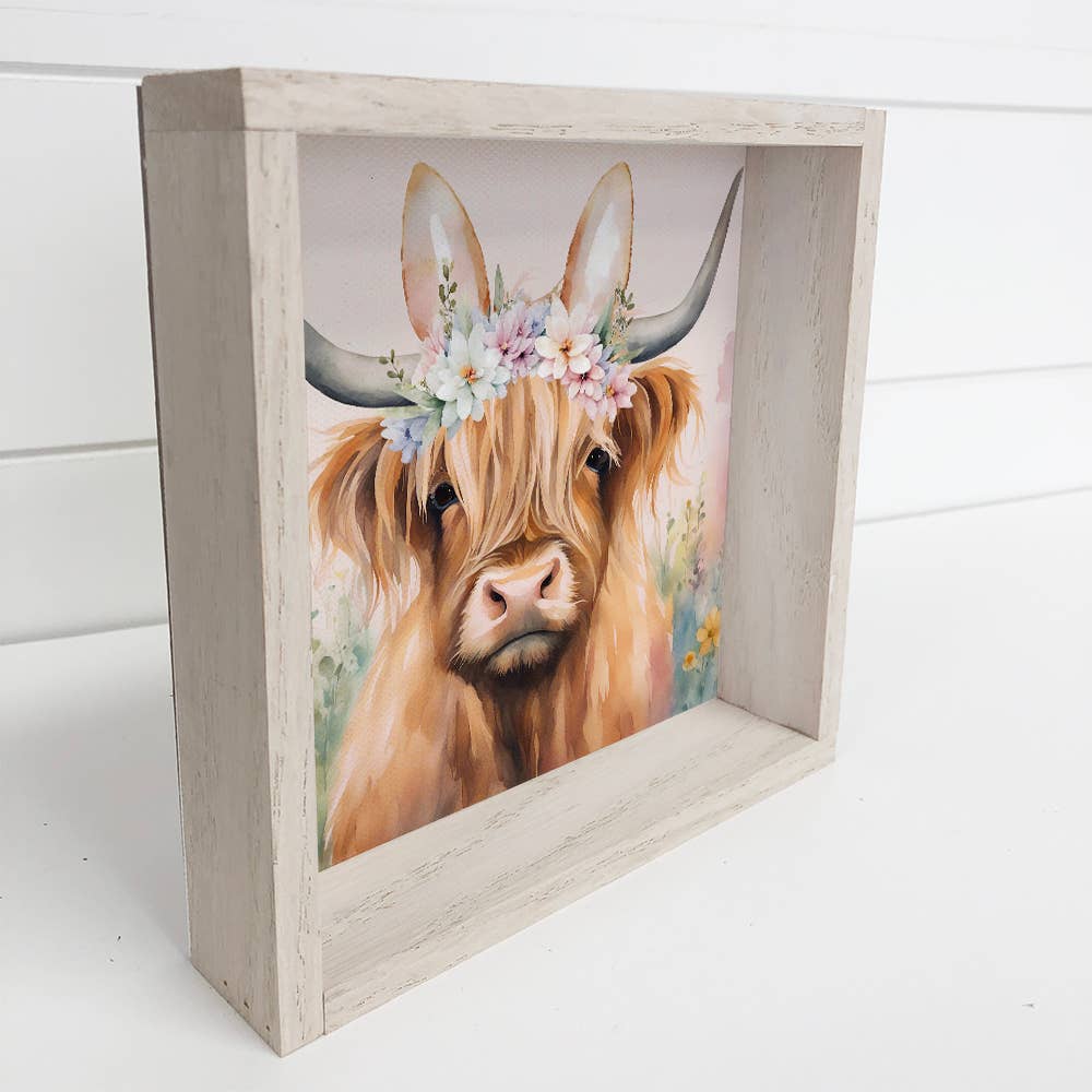 Highland Cow Bunny Ears - Springtime Highland Cow - Framed