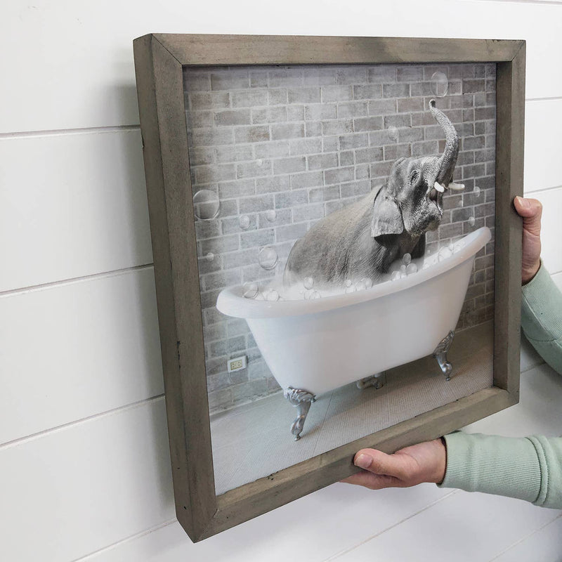 Elephant Bubble Bath Funny Bathroom with Greywash Frame