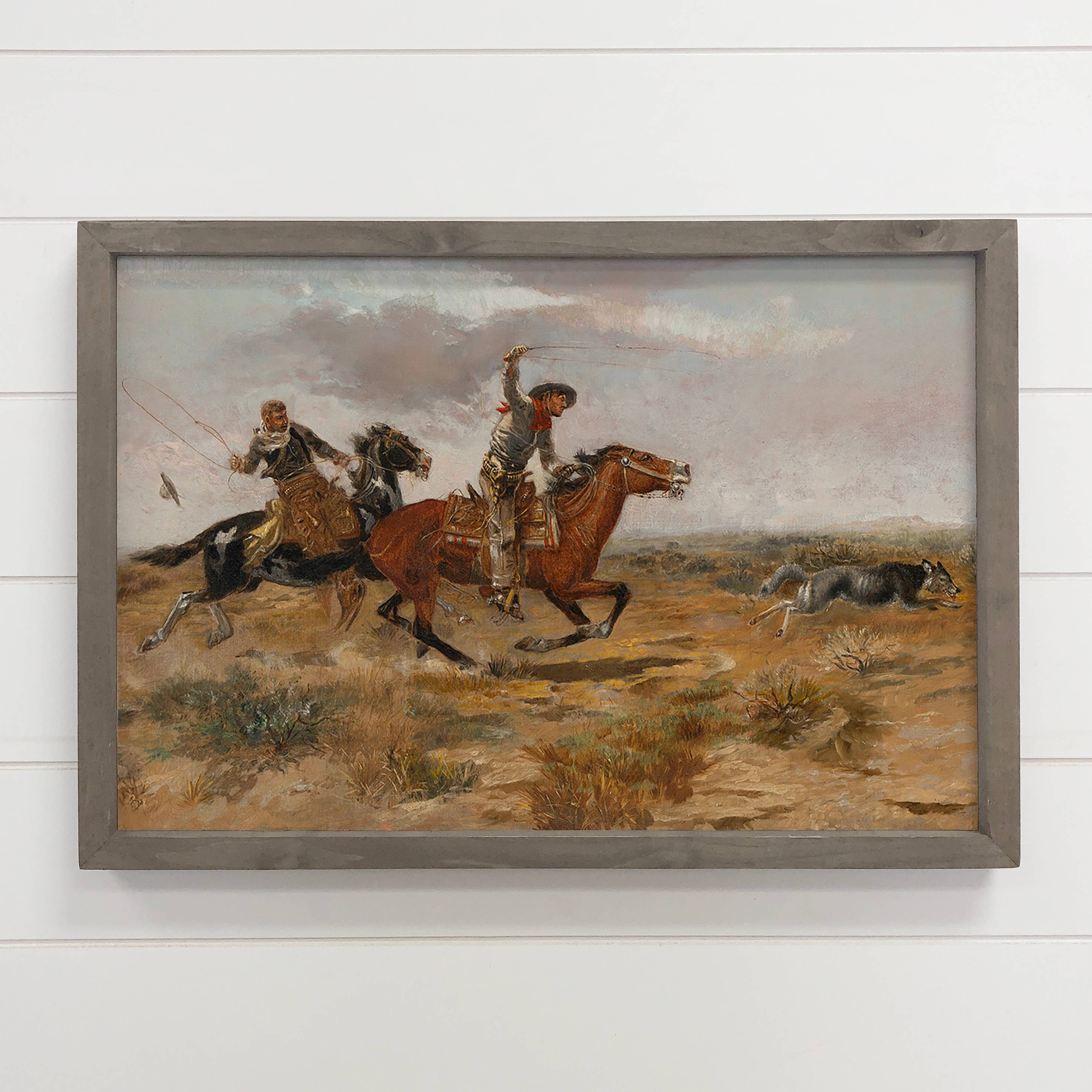 Cowboys Roping Wolf - Cowboy Canvas Art - Wood Framed Decor