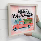 Merry Christmas Pink Vintage Truck - Framed Holiday Sign