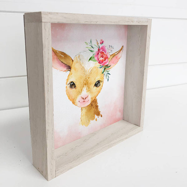 Little Girl Goat Watercolor Small Whitewash Framed Decor