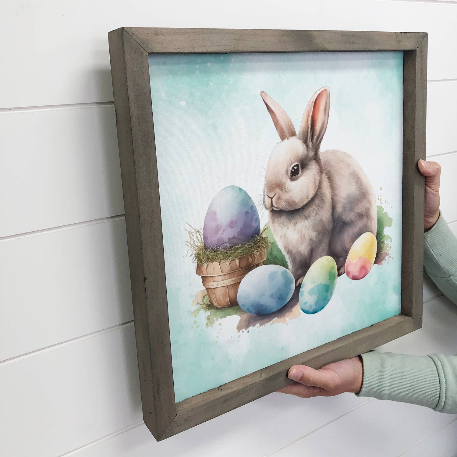 Gray Bunny Painted Eggs Wall Art - Easter Canvas Art