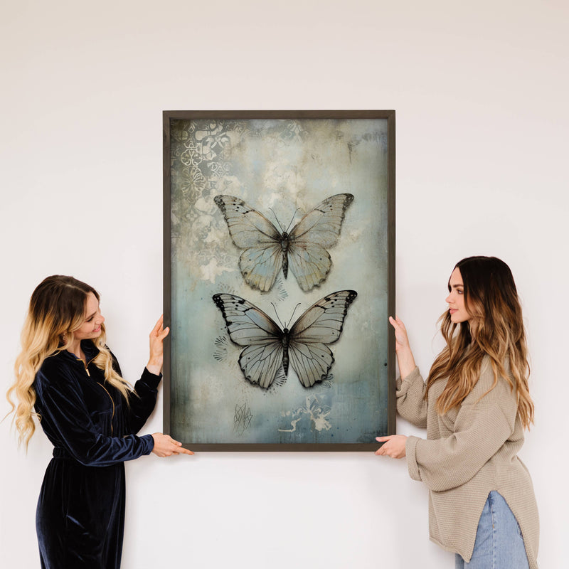 Vintage Blue Aged Butterflies - Butterfly Canvas Art