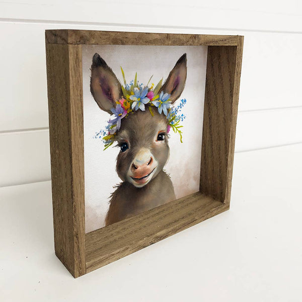 Cute Flower Donkey - Nursery Art with Rustic Wood Frame