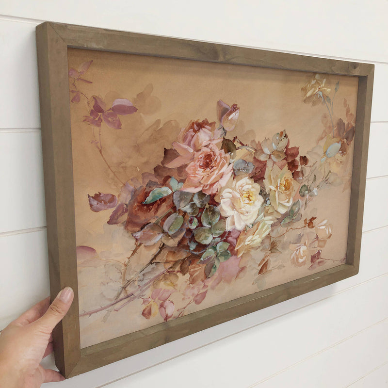 Antique Roses - Rose Flower Canvas Art - Wood Framed Art