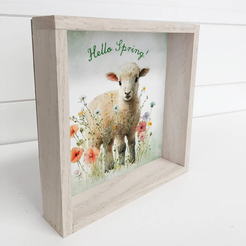 Hello Spring - Spring Time Lamb Canvas Art - Wood Framed