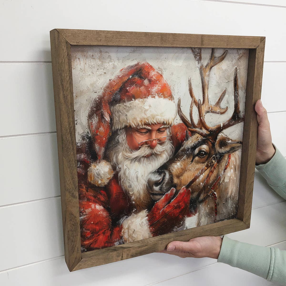 Santa Embracing Reindeer - Christmas Canvas Art - Wood Frame