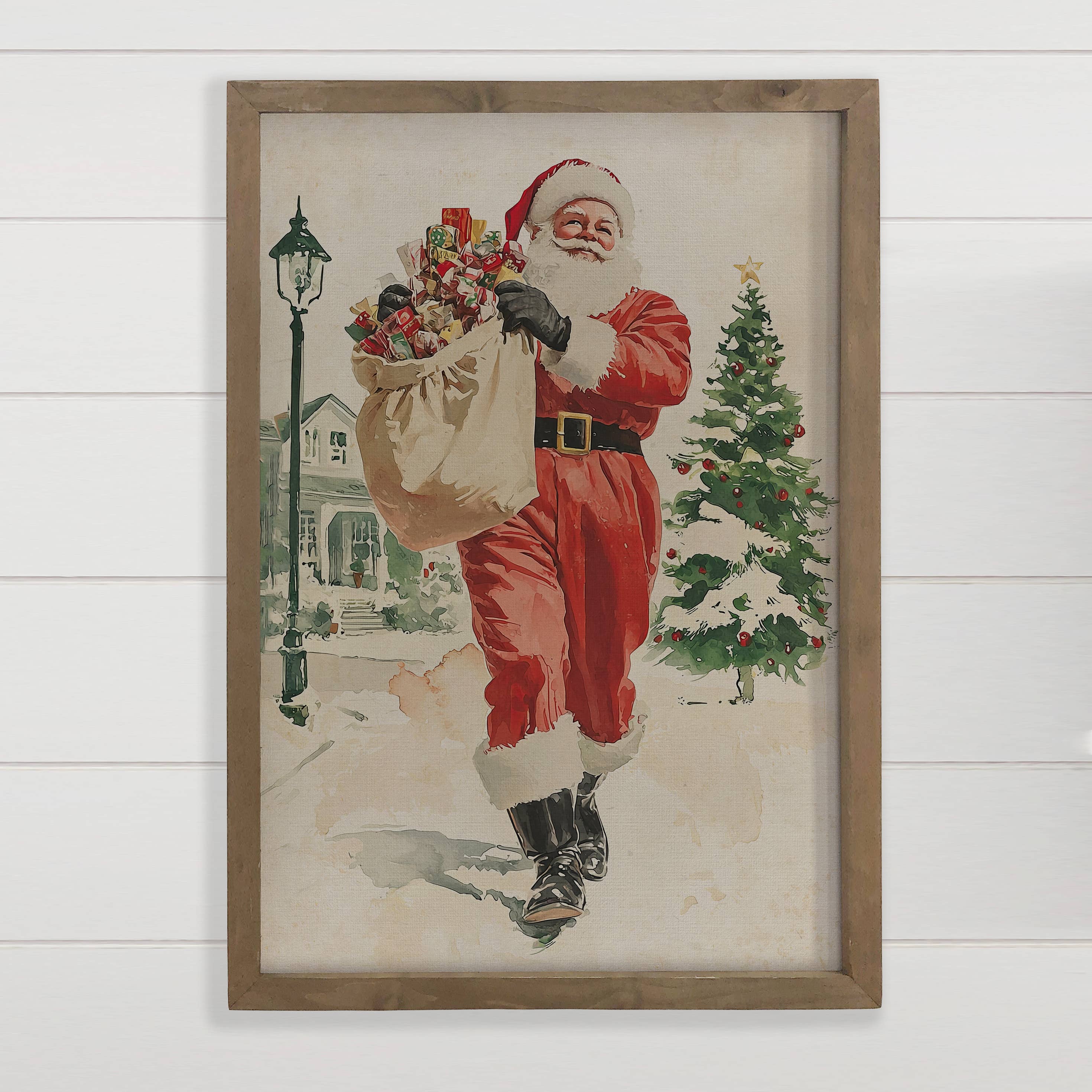 Vintage Santa Toy Bag - Christmas Canvas Art - Wood Framed