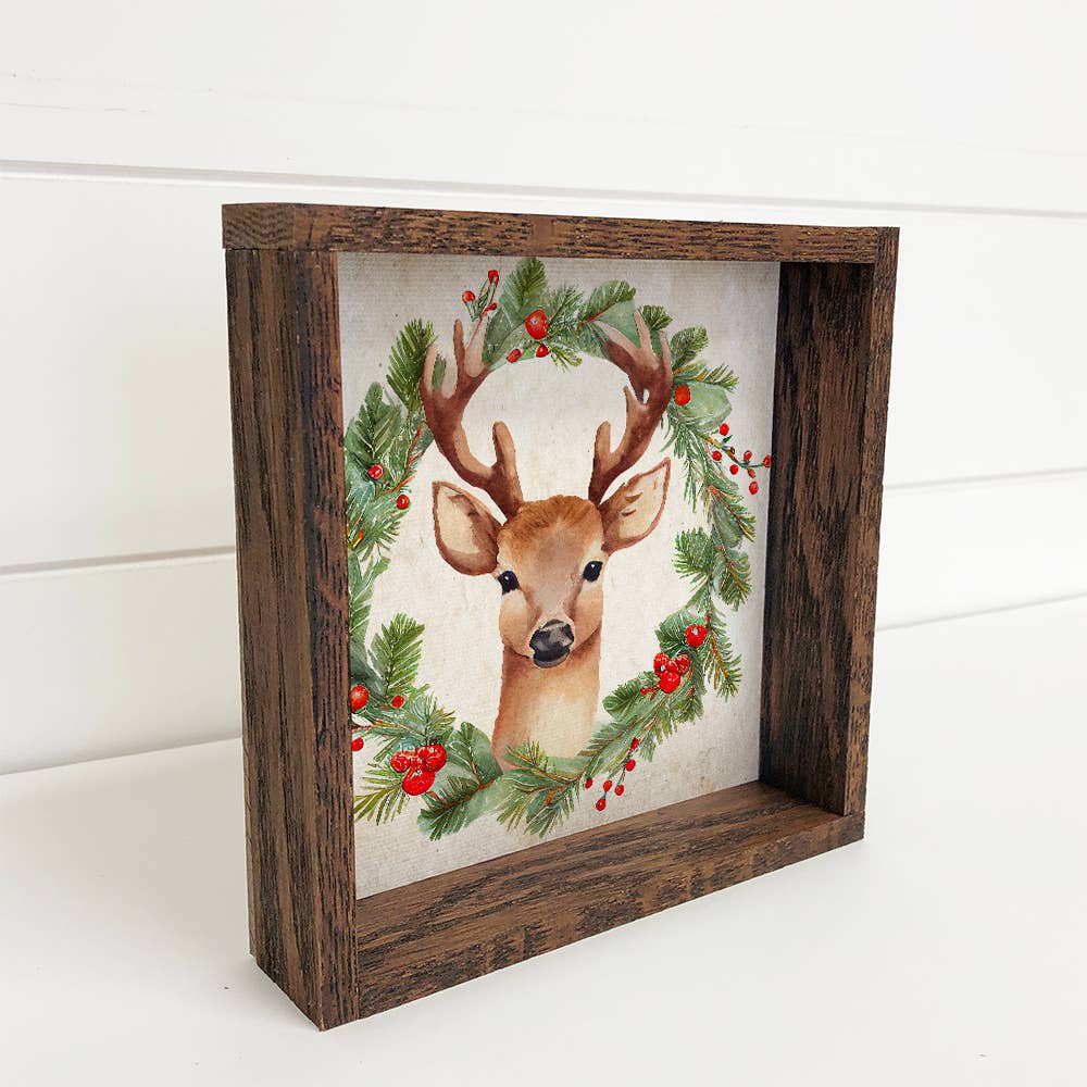 Christmas Wreath Deer - Cute Holiday Animal - Framed Decor