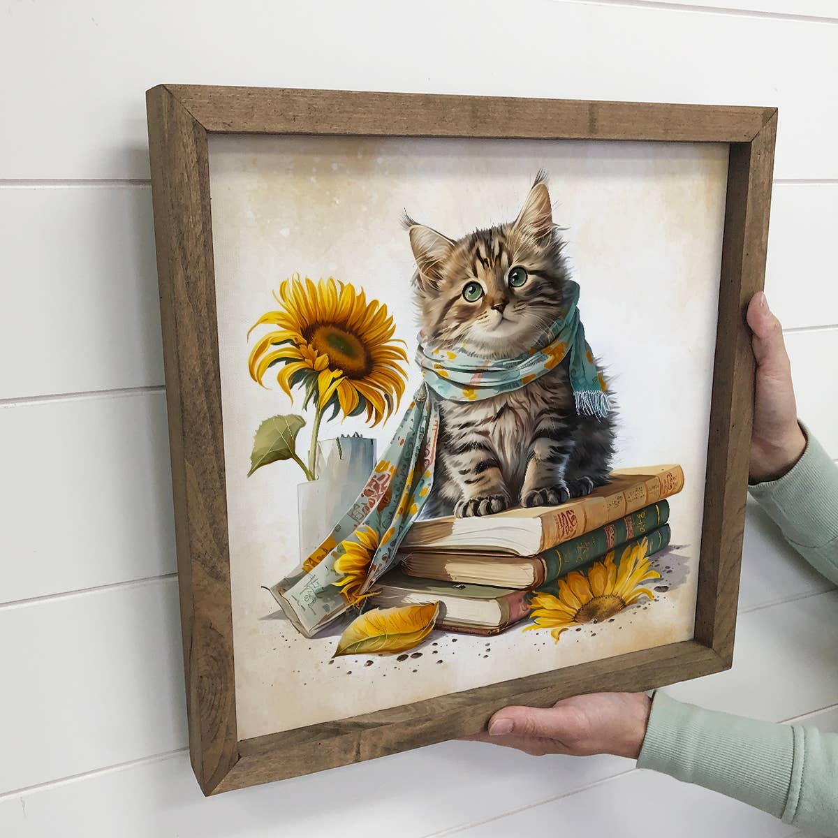 Sunflower Cat Books - Cute Kitty Fall Art - Kitten Library