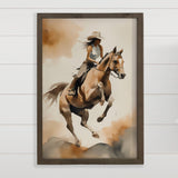 Cowgirl Riding High - Ranch House Canvas Art - Wood Framed