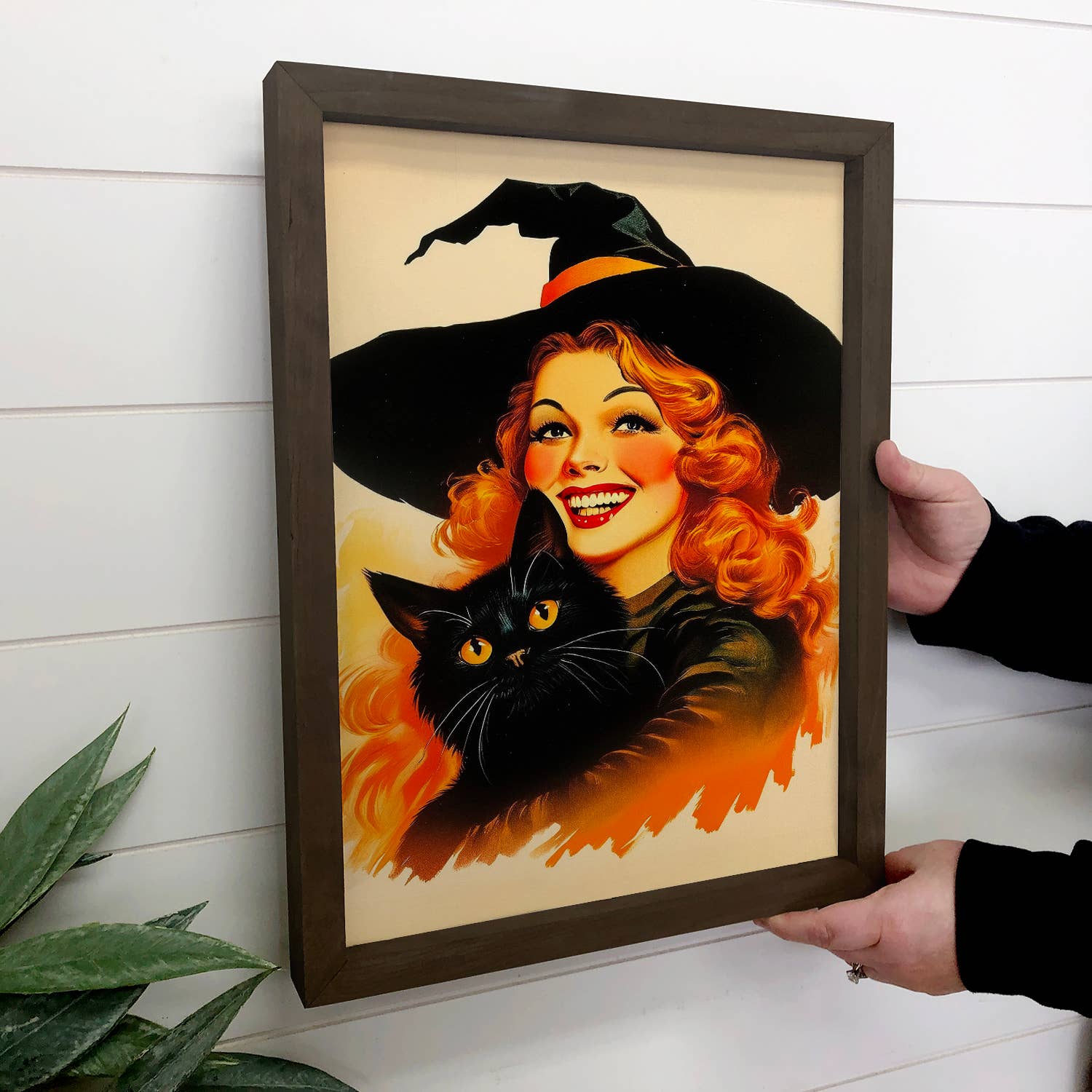Vintage Witch and Black Cat Poster - Halloween Canvas Art