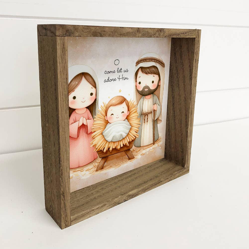 O Come Let Us Adore Him - Cute Nativity Canvas Art - Framed