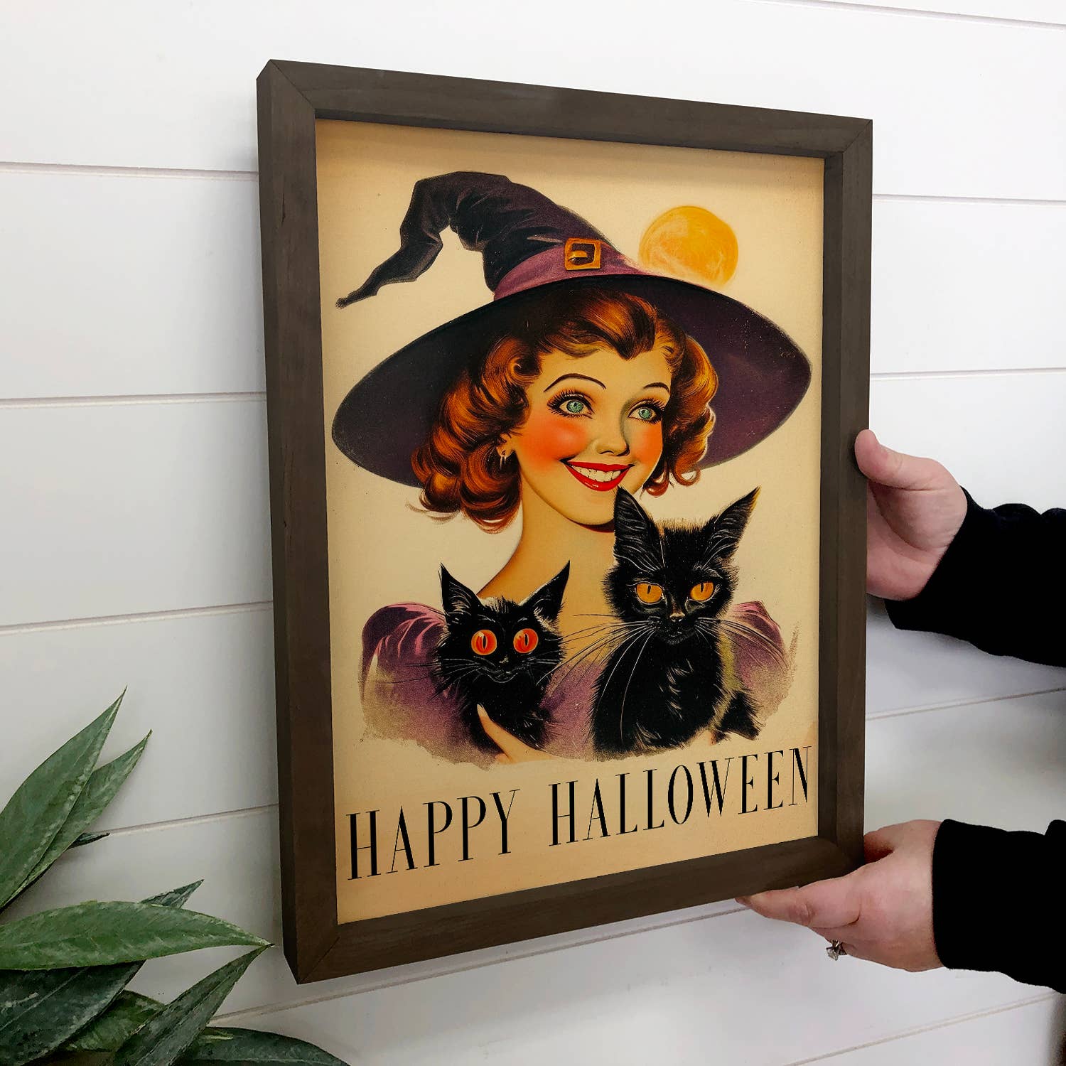 Vintage Witch Girl and Two Cats - Halloween Canvas Art