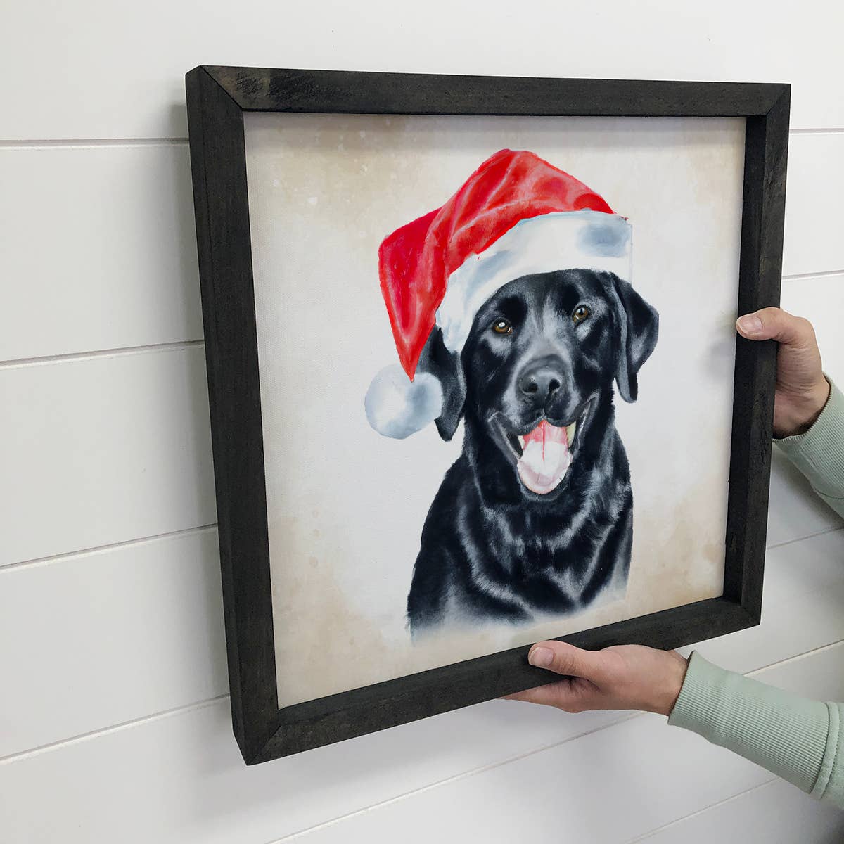 Black Lab Dog in Santa Hat Christmas Small Canvas Sign Print