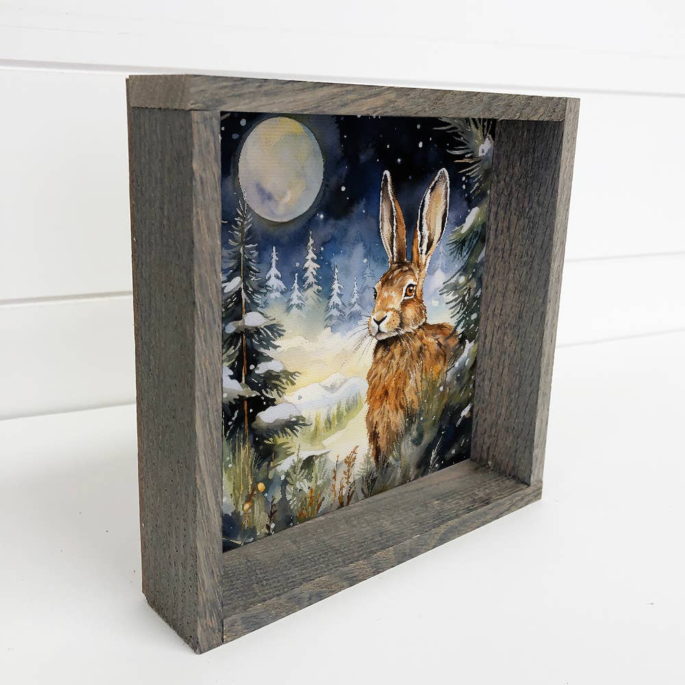 Winter Watercolor Rabbit Moonlight - Rabbit Canvas Art