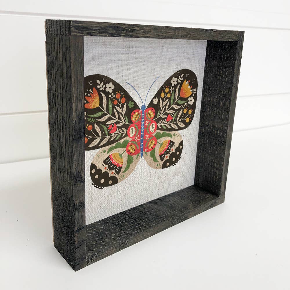 Folksy Butterfly Flowers - Butterfly Canvas Art - Wood Frame