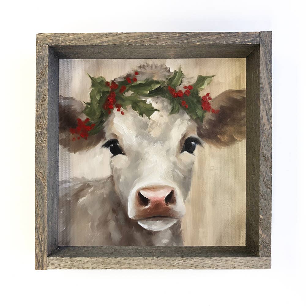 Baby Cow Holly Berry Crown - Cute Holiday Animal Wall Art