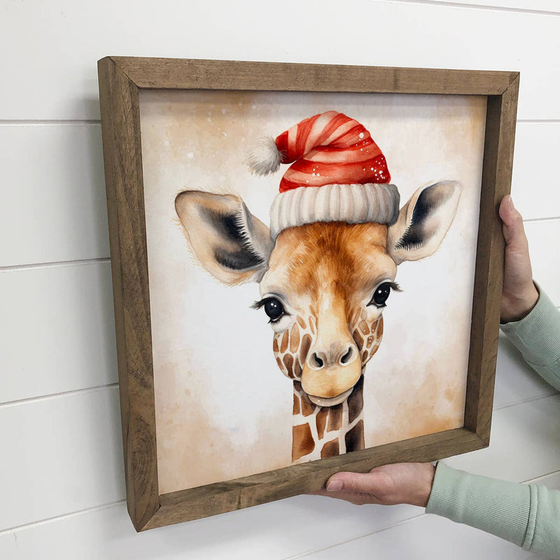 Giraffe Santa Hat - Cute Holiday Animal Canvas Art - Framed