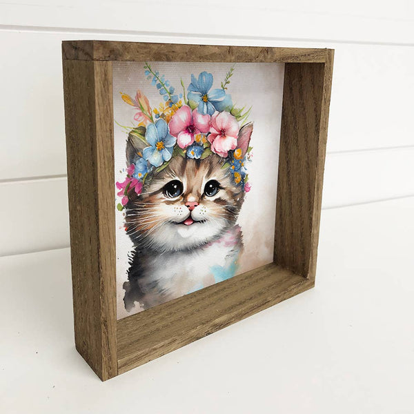 Cute Flower Cat - Nursery Art with Rustic Wood Frame