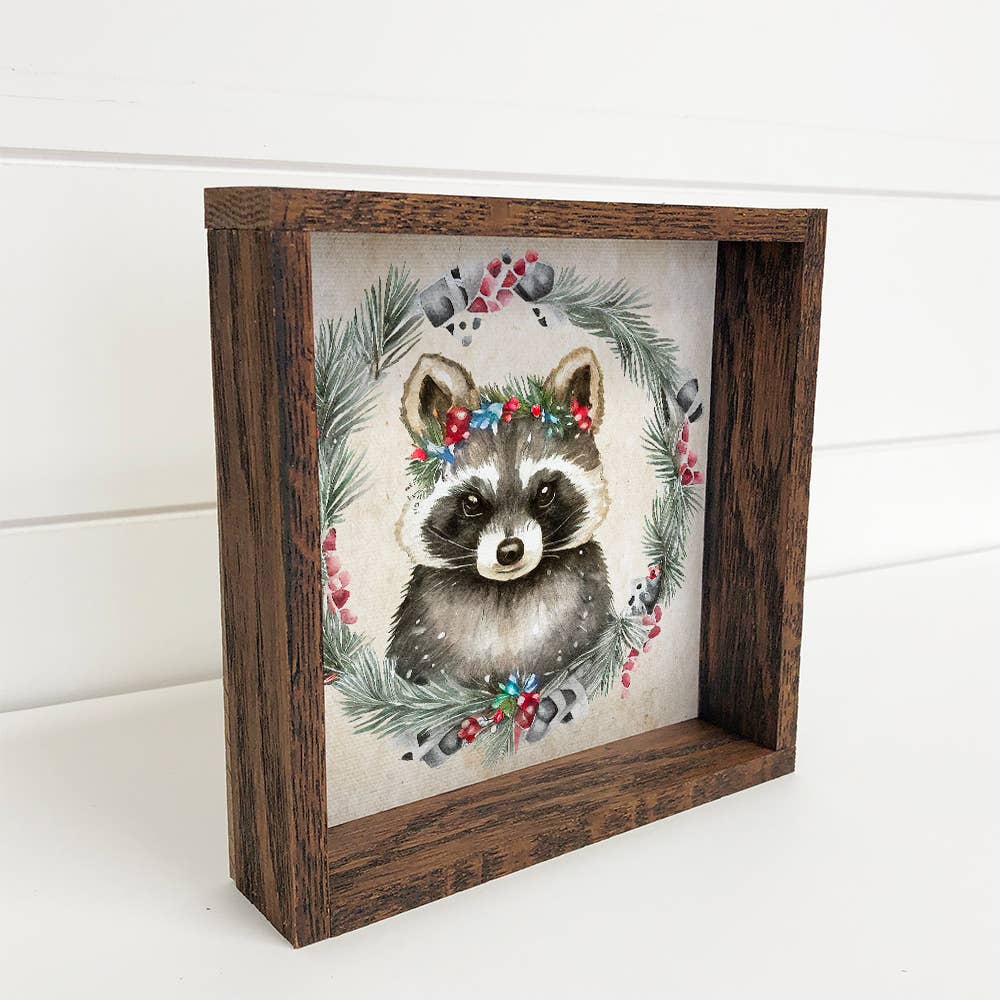 Christmas Wreath Racoon - Cute Holiday Animal - Framed Decor