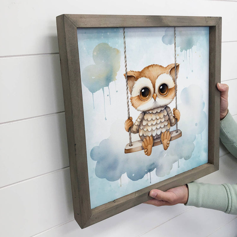 Swinging Baby Owl - Sweet Owl Canvas Art - Wood Framed