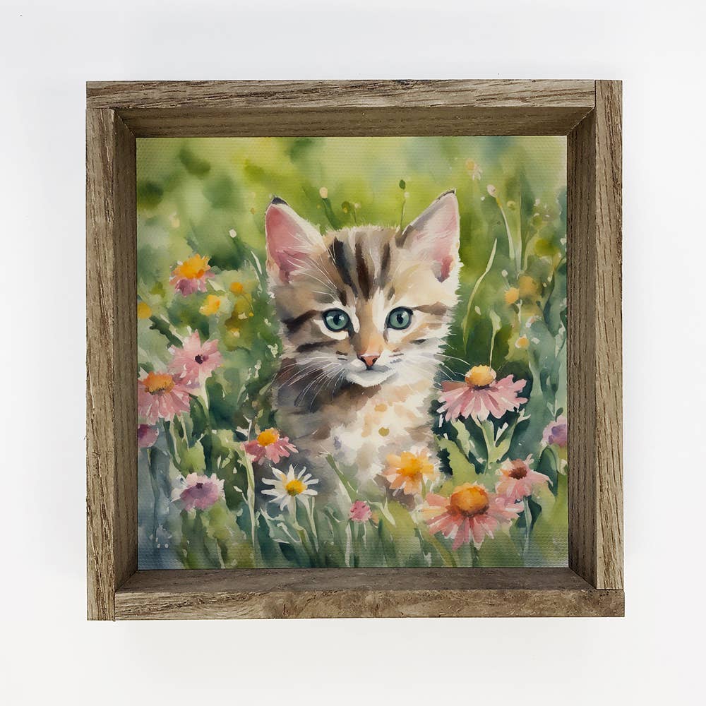 Wildflower Tabby Cat - Springtime Cat Canvas Art - Framed