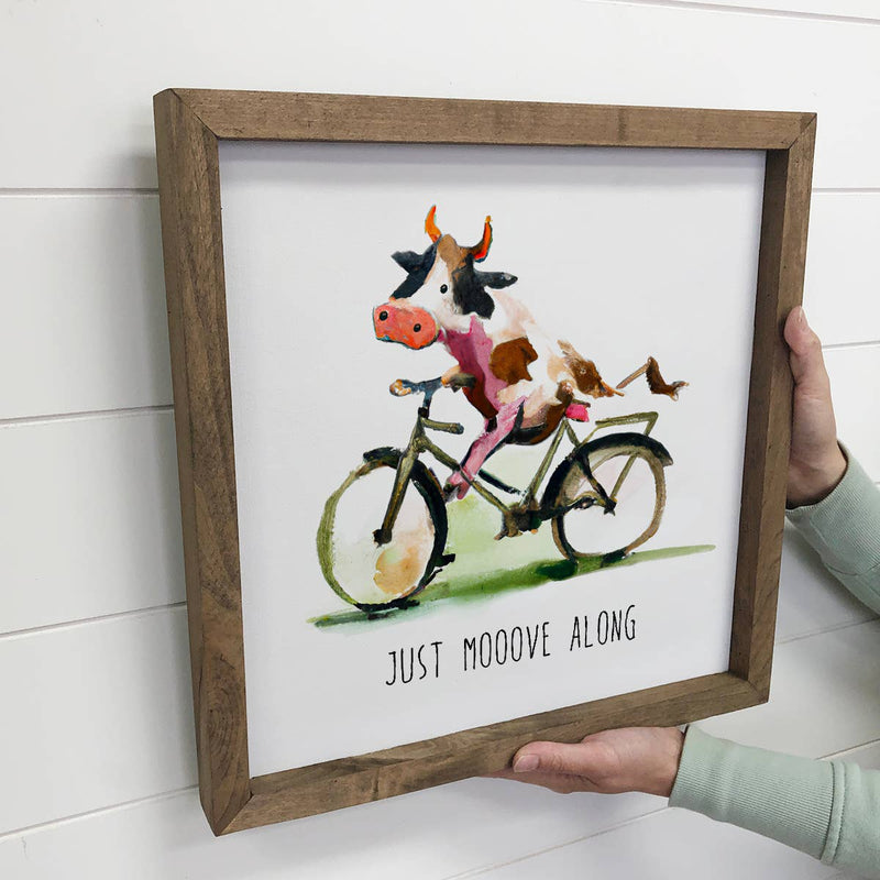 Cow on a Bike - Funny Cow Canvas Art with Aged Wood Frame