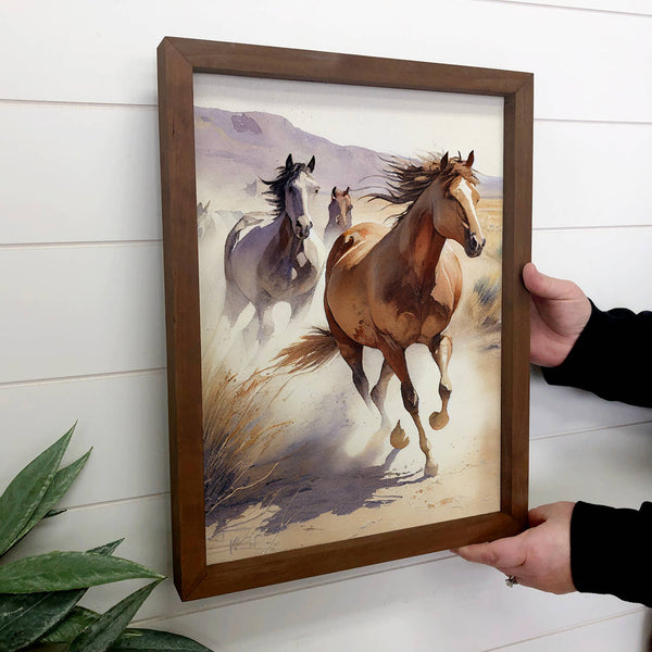 Wild Horses Running - Framed Animal Watercolor - Ranch Art