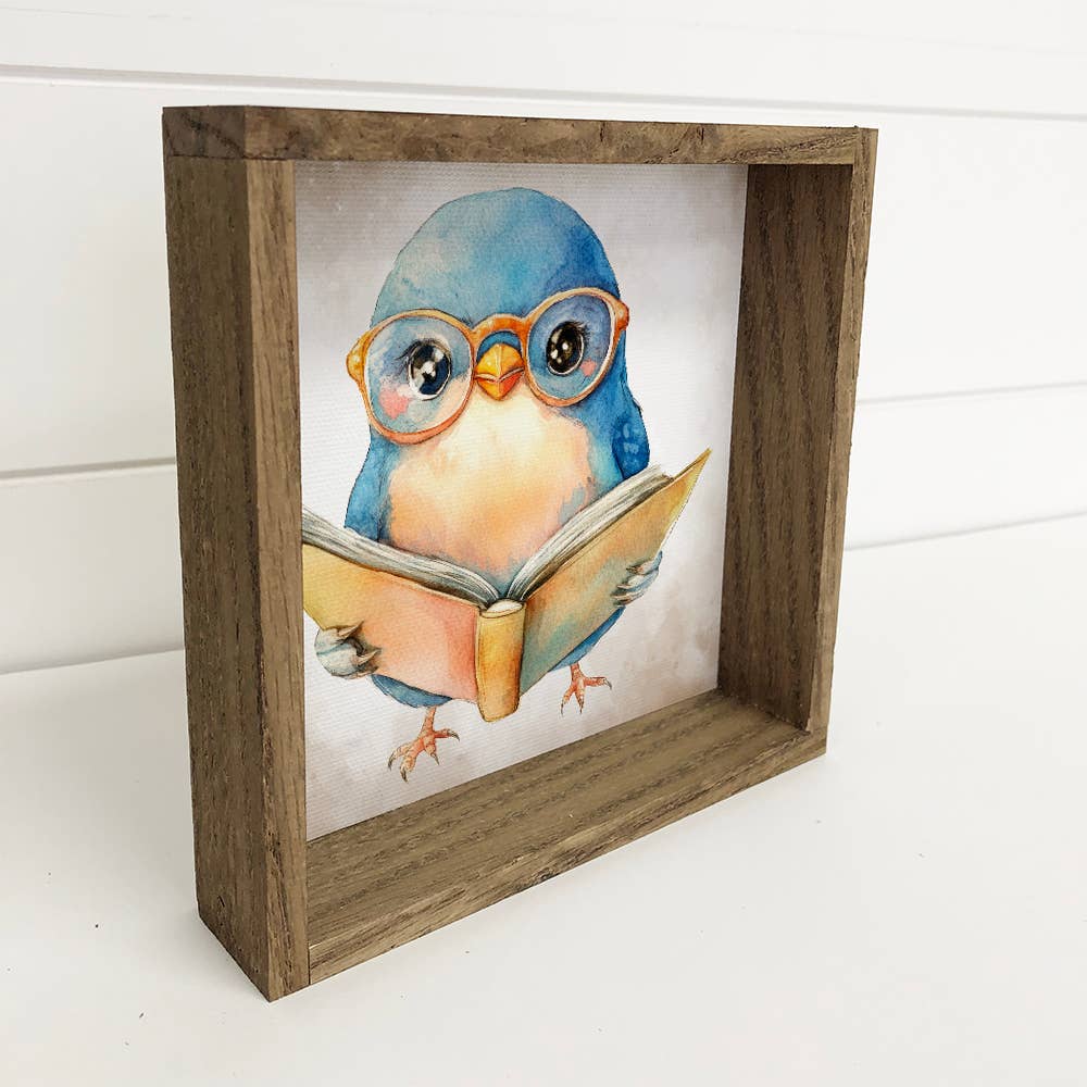 Bird Reading Book - Cute Bird Canvas Art - Wood Framed Art