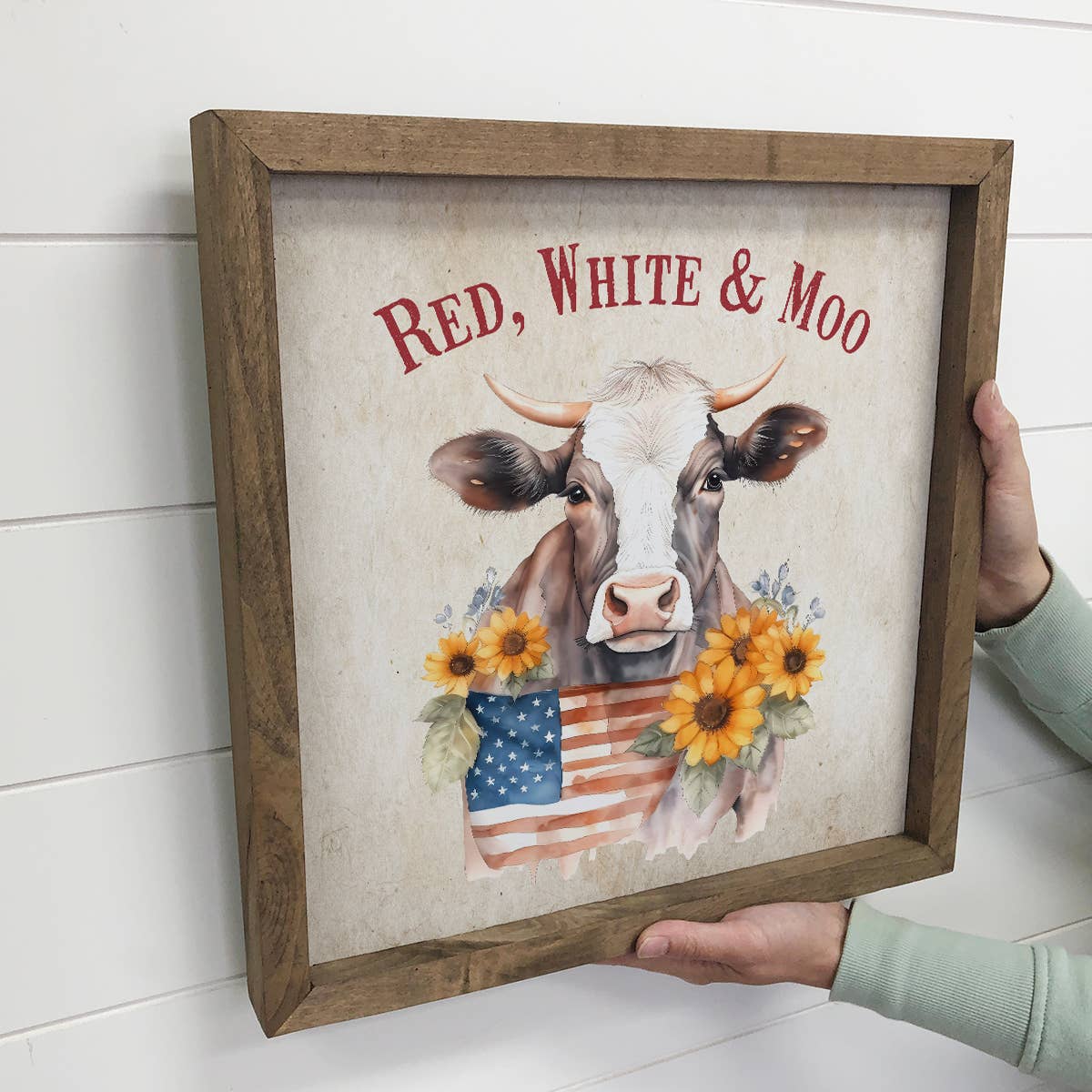 Red, White and Moo - Cute America Sign - Farm Animal Art