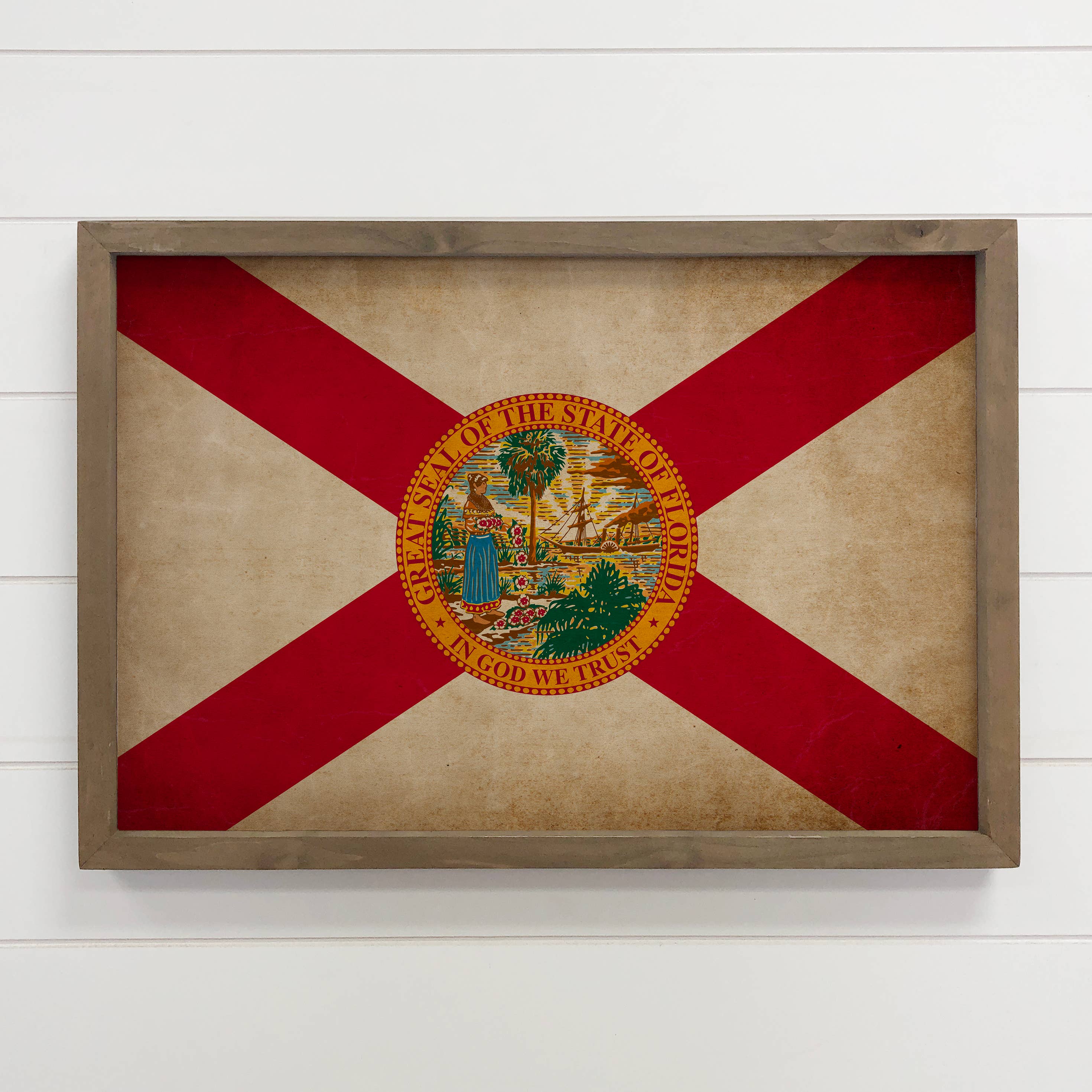 Florida Vintage Flag - Any State Framed Canvas Art Wood Sign