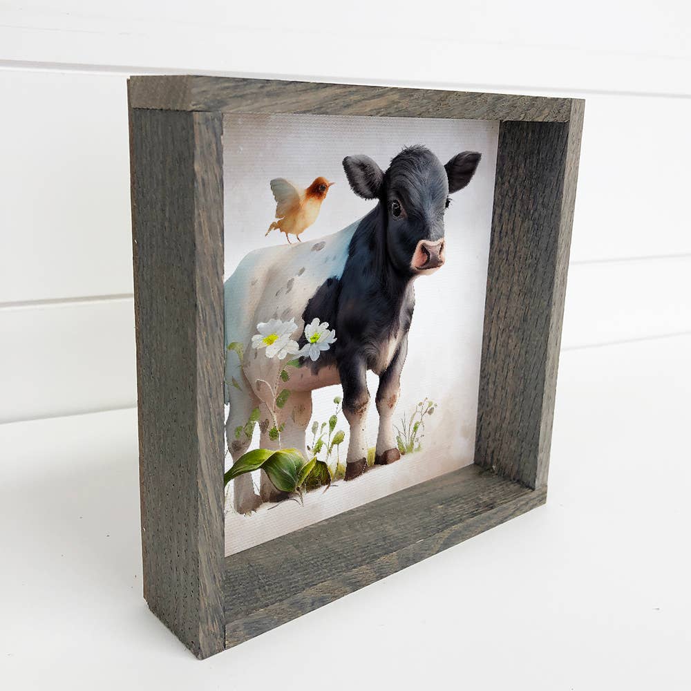 Cow Standing with a Bird Watercolor-Cow Painting with Frame