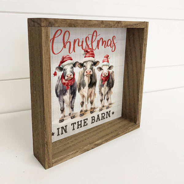 Christmas in the Barn - Framed Holiday Canvas Art - Cow Art