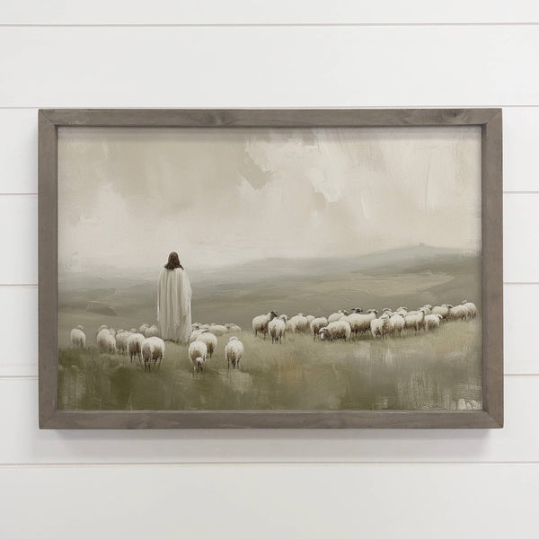 Jesus Flock of Sheep - Jesus Canvas Art - Wood Framed Decor