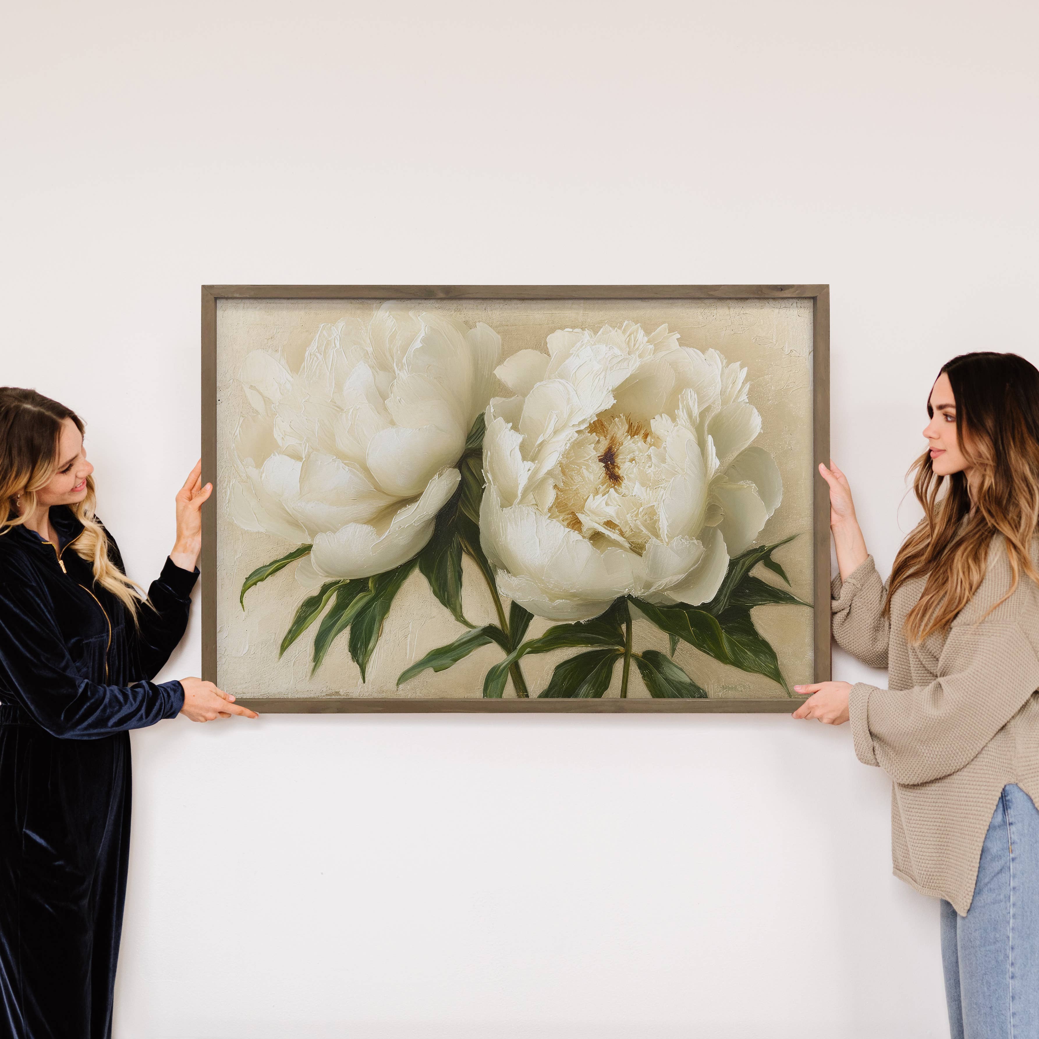 White Cream Peonies Wall Art Print with Wood Frame